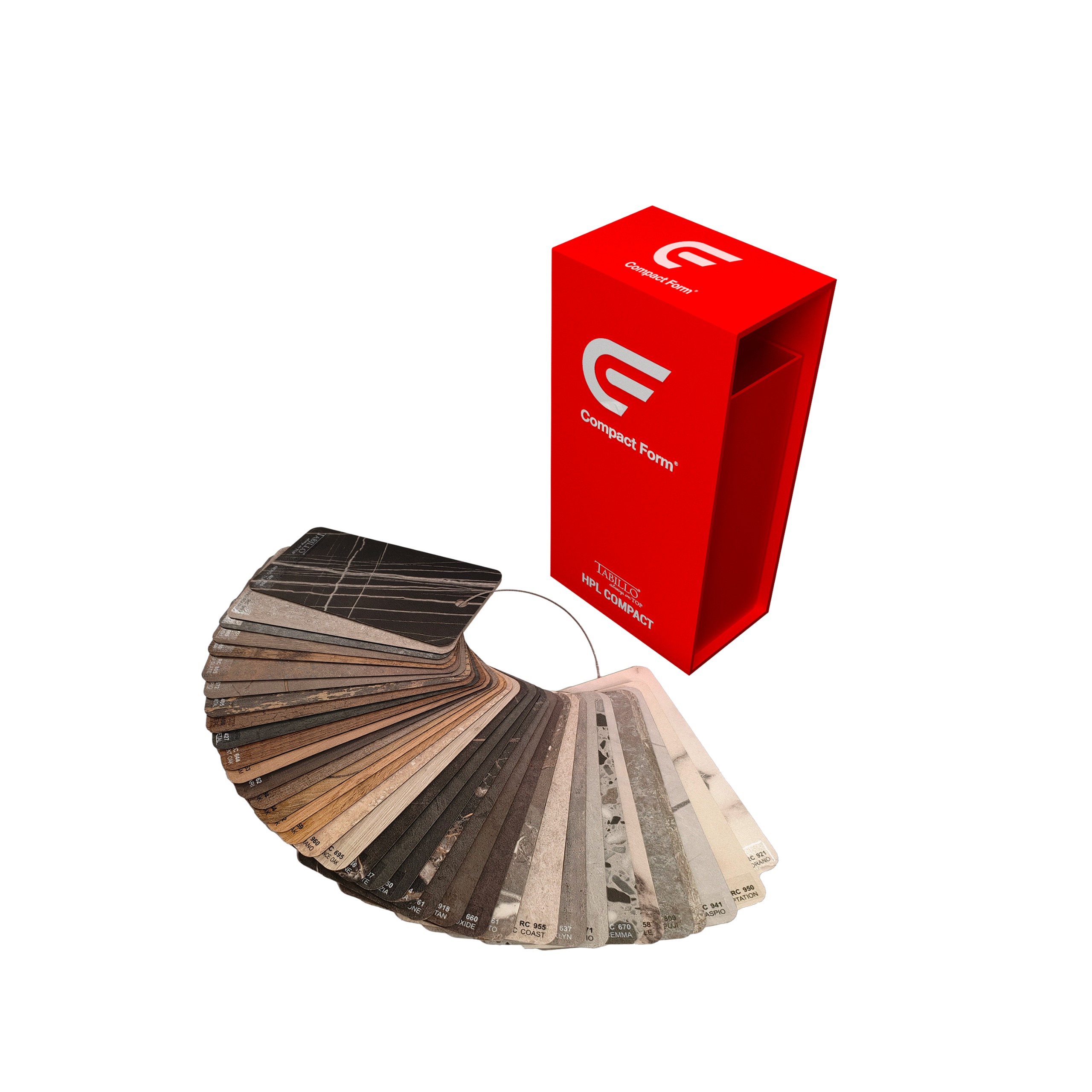CompactForm sample box with a fan of décor swatches